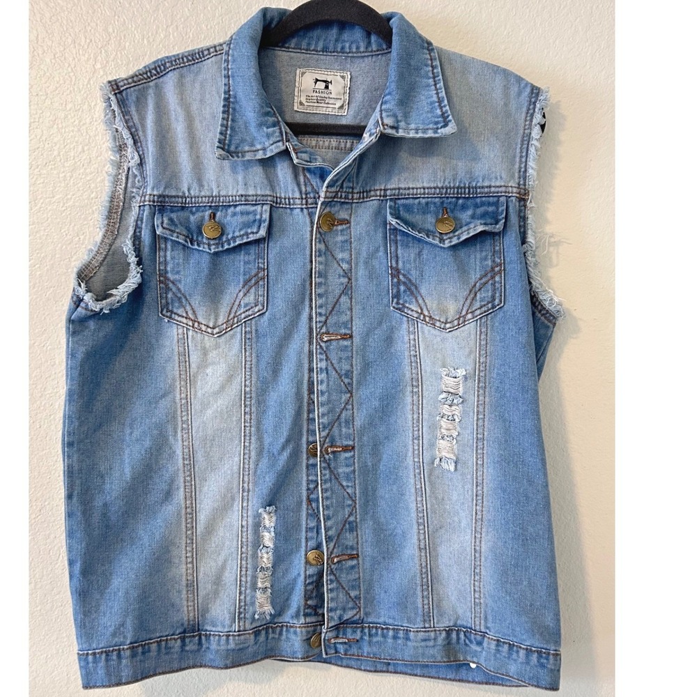 Distressed Streetwear Denim Vest‎ Light Wash Frayed Sleeveless SZ XL